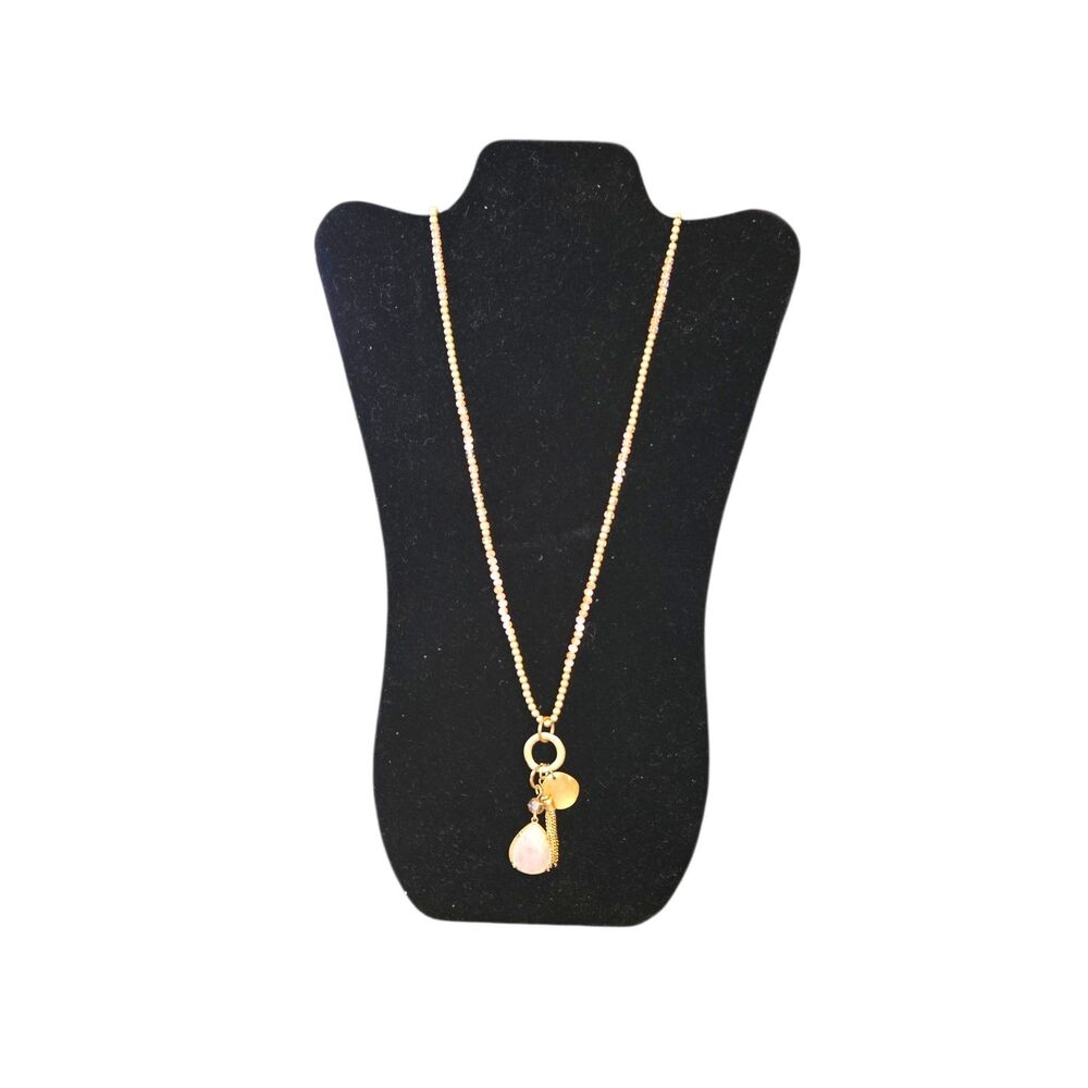 Rose Quartz & Gold Tone Charms Pendant‎ On A Multi Beaded Necklace Unmarked 34"